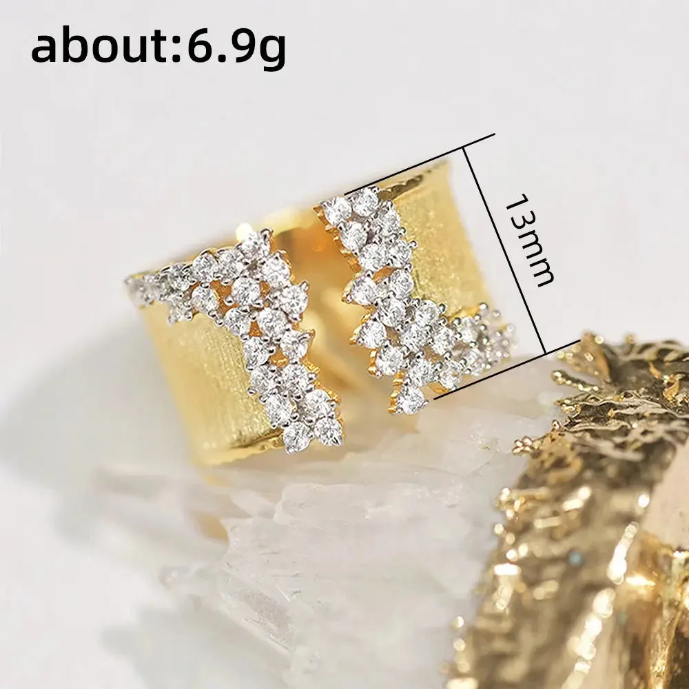 New Fashion Women's Finger Ring with CZ Stone Wiredrawing Effect Gold Color Wide Rings Luxury Female Jewelry Party