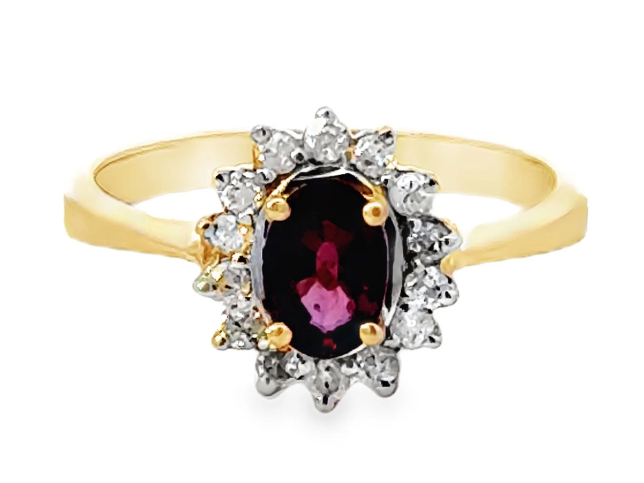Oval Red Ruby and Diamond Halo Ring 14k Yellow Gold