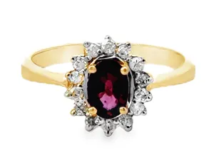 Oval Red Ruby and Diamond Halo Ring 14k Yellow Gold