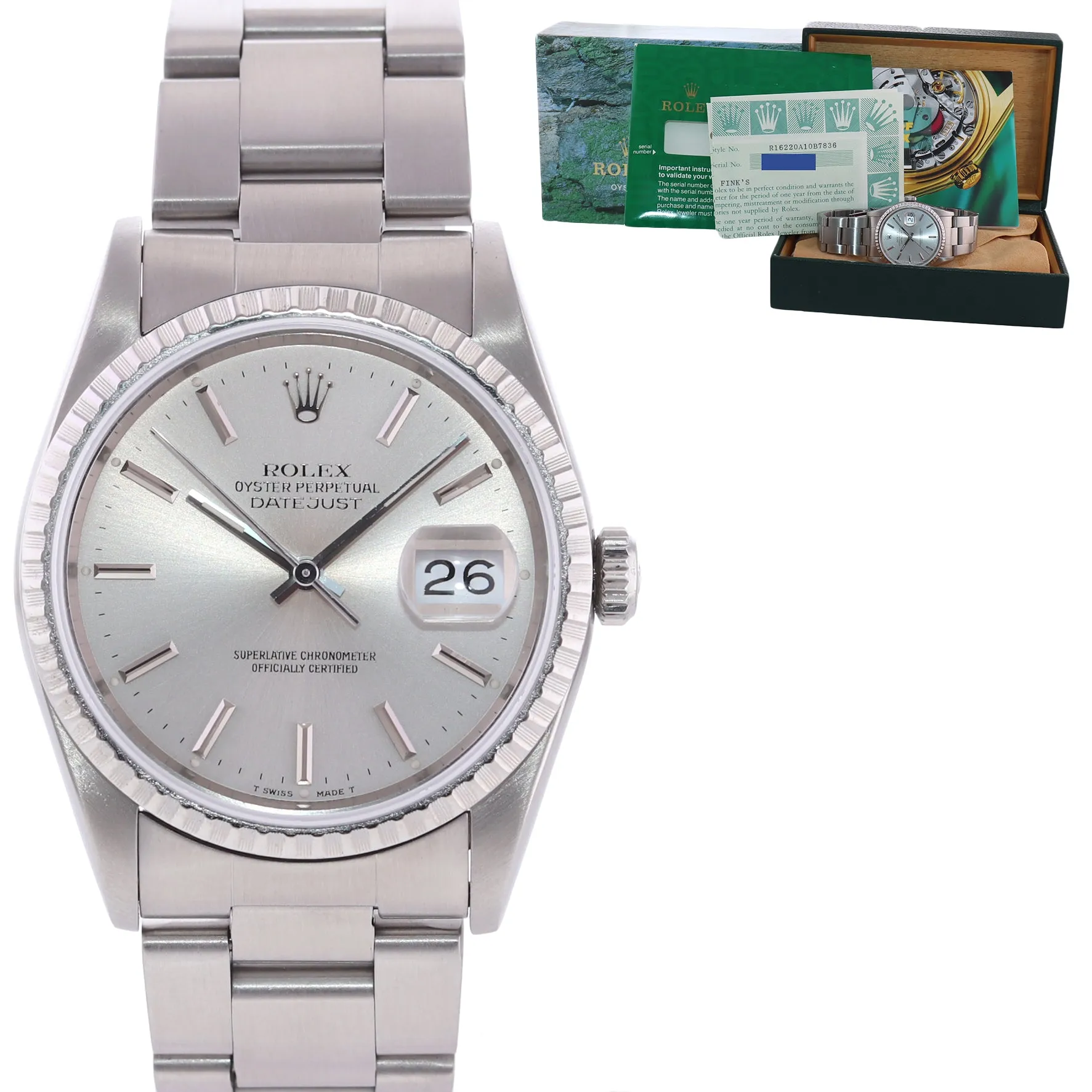 PAPERS Rolex DateJust 36mm 16220 Steel Silver Stick Oyster Watch Box