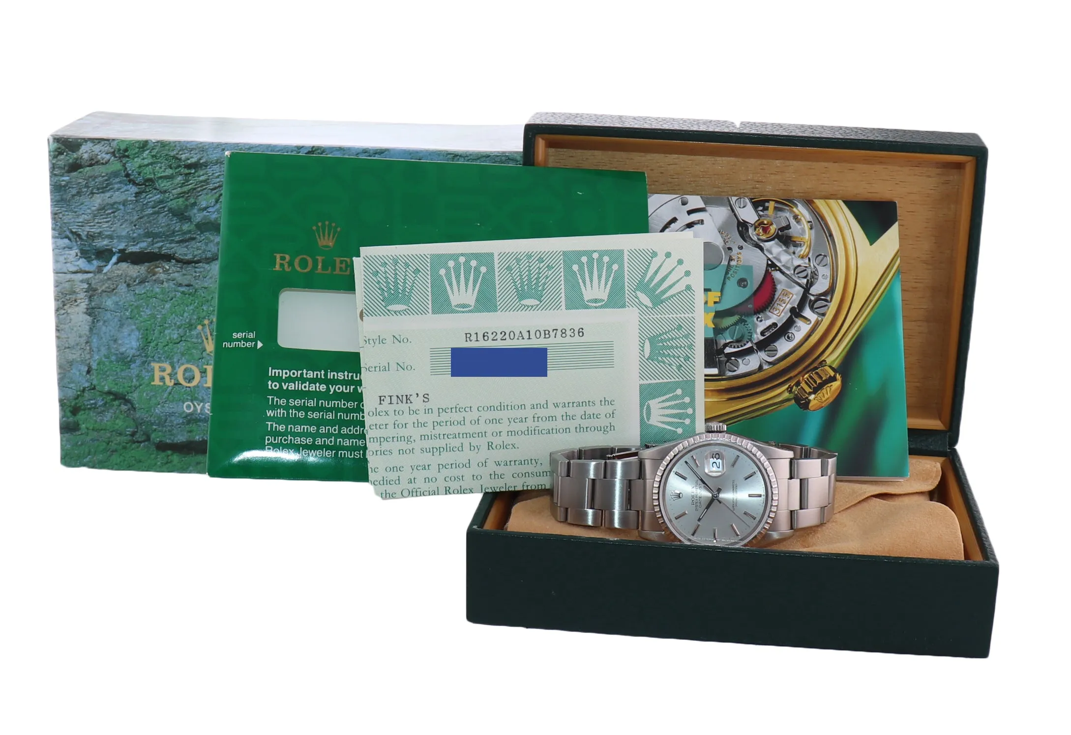 PAPERS Rolex DateJust 36mm 16220 Steel Silver Stick Oyster Watch Box