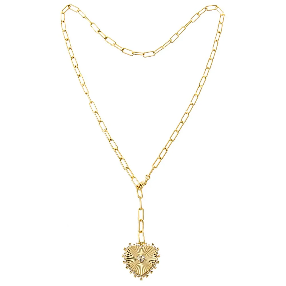 Pave Accented Ridged Heart Pendant Lariat