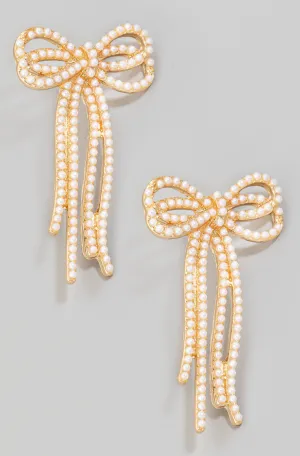 Pave Pearl Long Ribbon Bow Stud Earrings