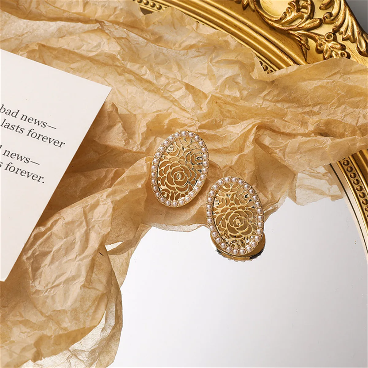 Pearl & 18K Gold-Plated Floral Oval Stud Earrings