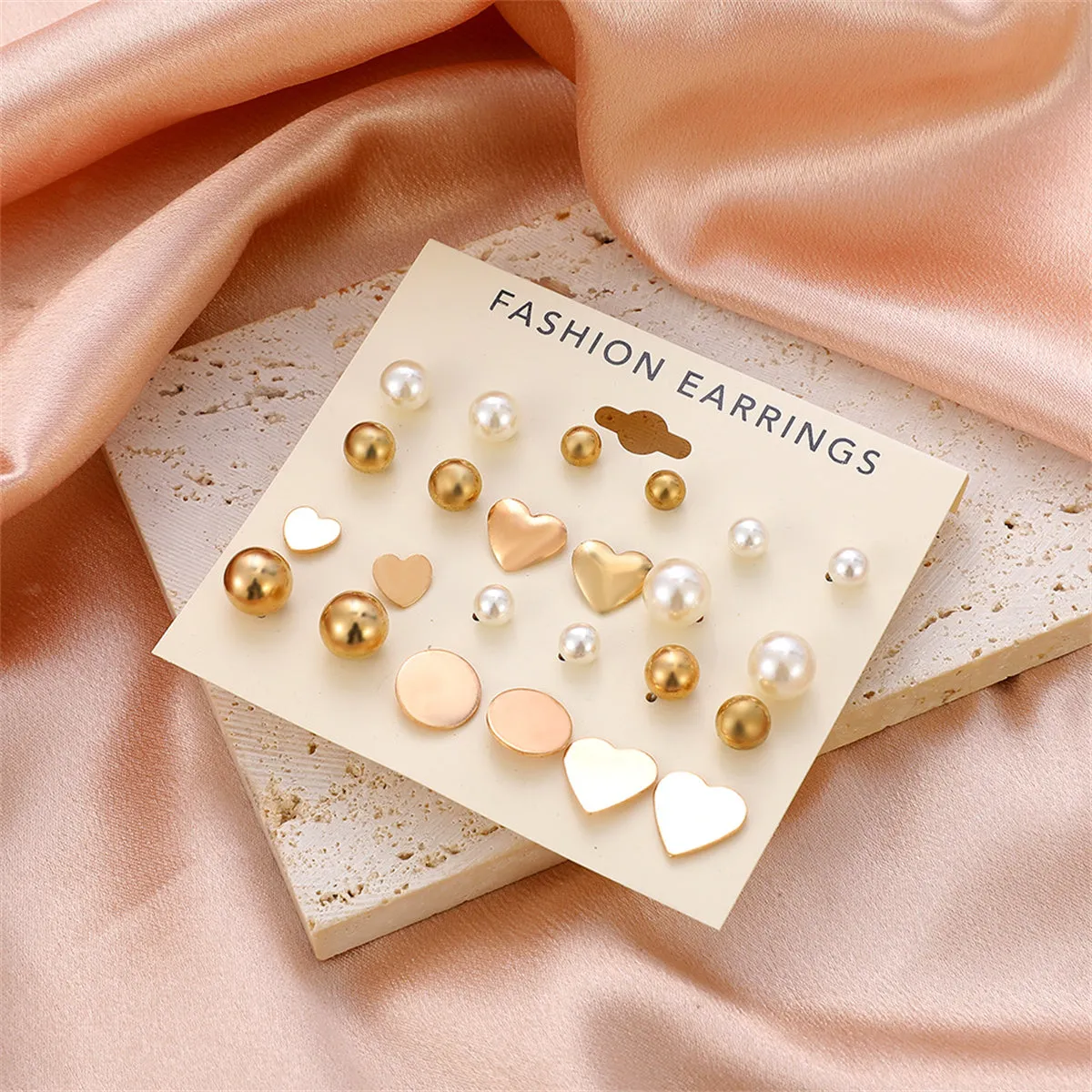 Pearl & 18K Gold-Plated Heart Bead Stud Earrings Set
