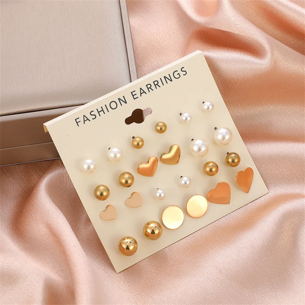 Pearl & 18K Gold-Plated Heart Bead Stud Earrings Set