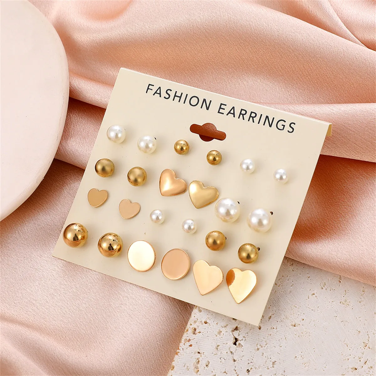 Pearl & 18K Gold-Plated Heart Bead Stud Earrings Set