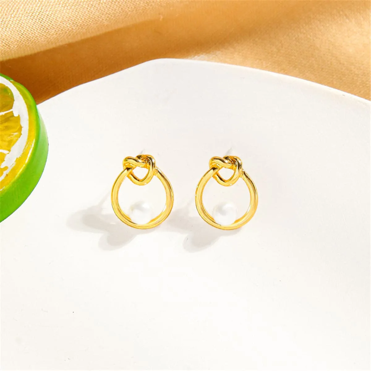 Pearl & 18K Gold-Plated Knot Stud Earrings