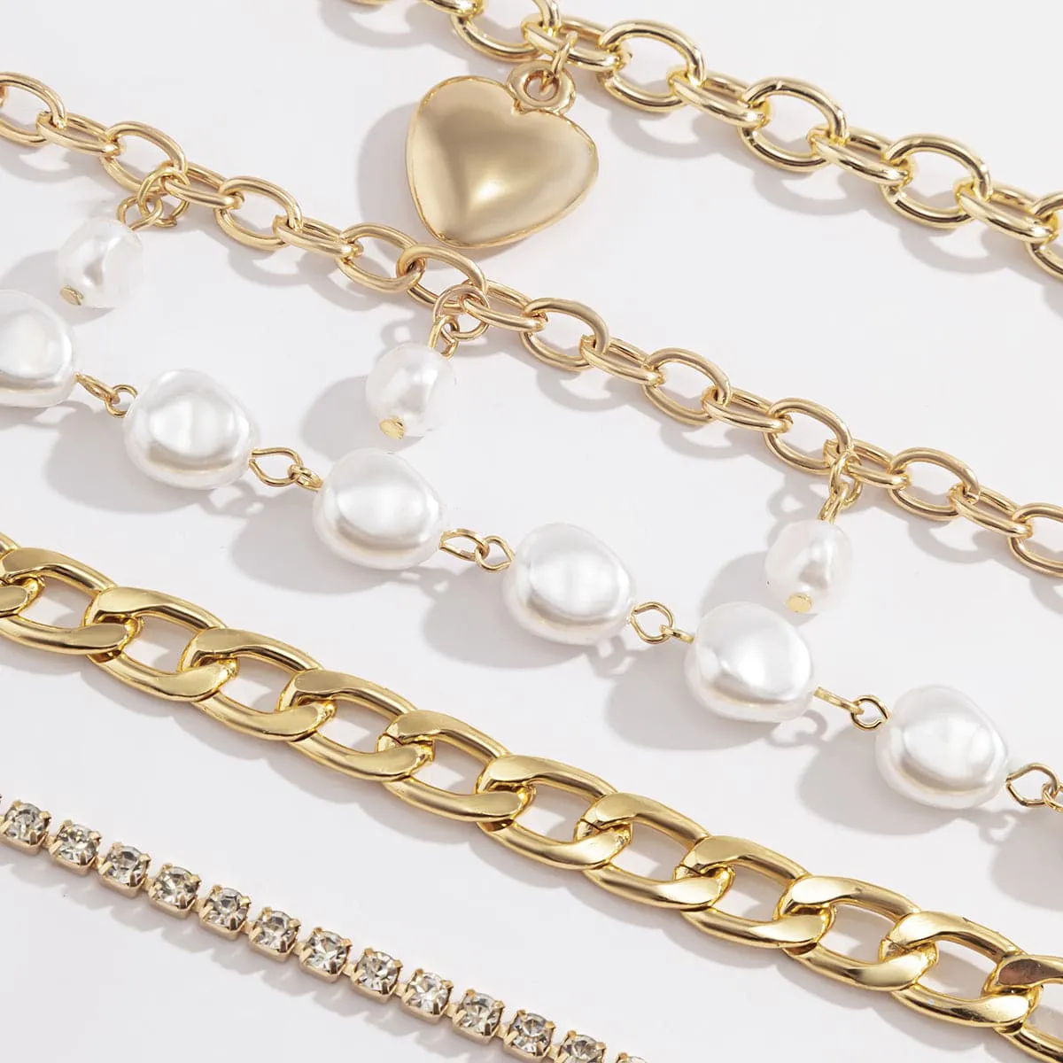 Pearl & Cubic Zirconia 18K Gold-Plated Heart Bracelet Set