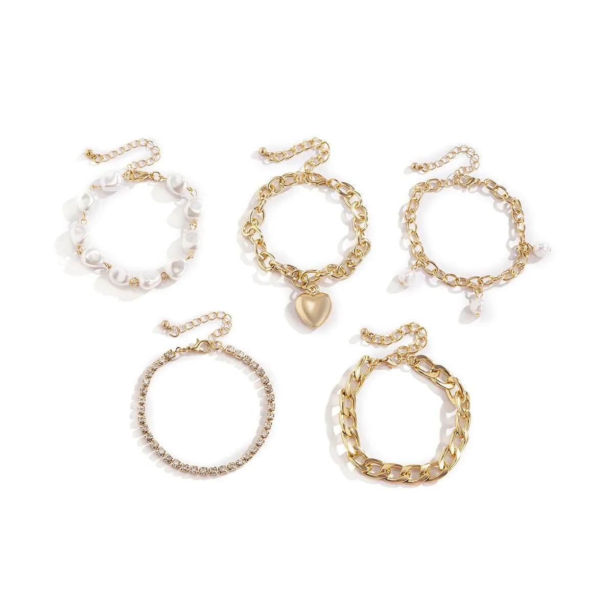 Pearl & Cubic Zirconia 18K Gold-Plated Heart Bracelet Set