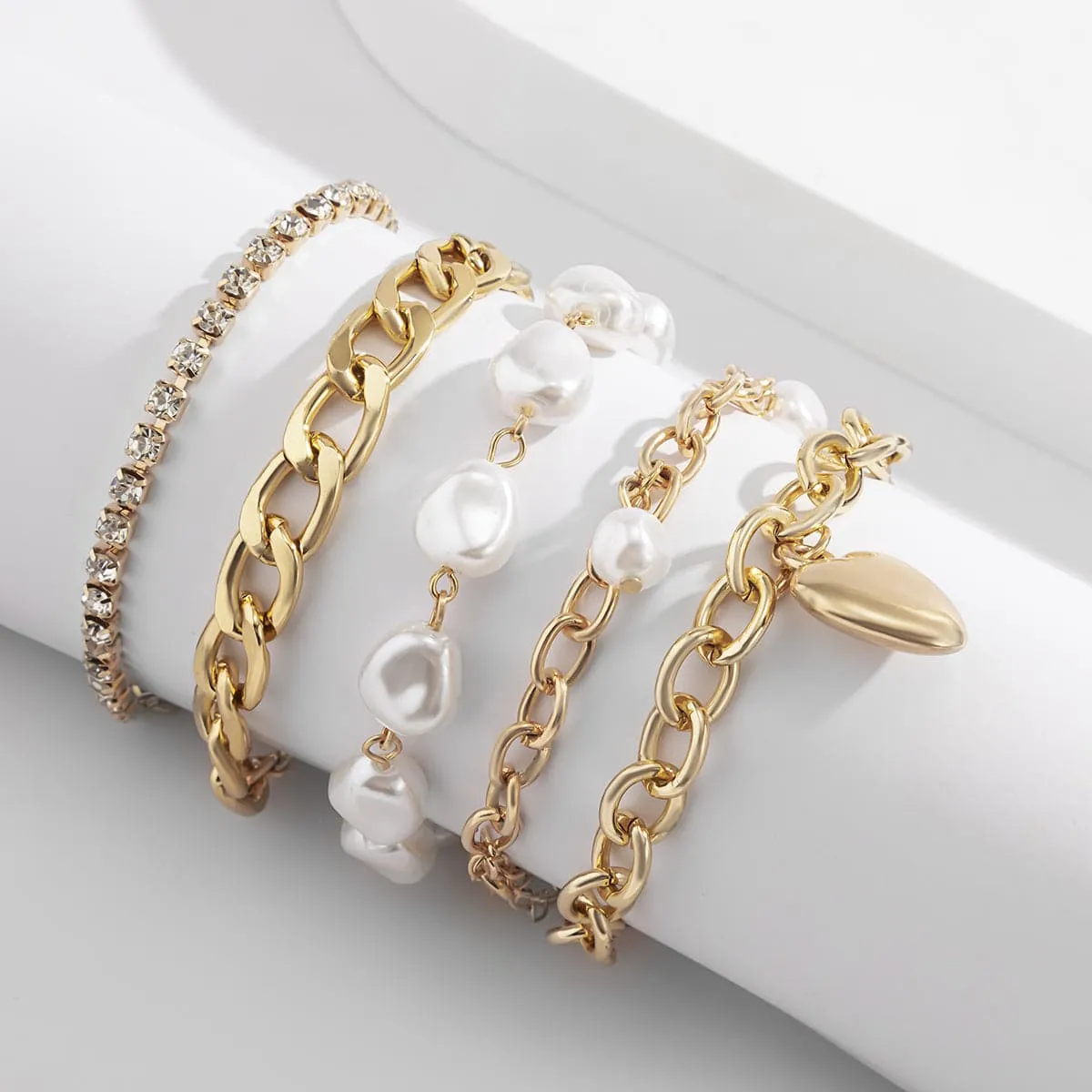 Pearl & Cubic Zirconia 18K Gold-Plated Heart Bracelet Set
