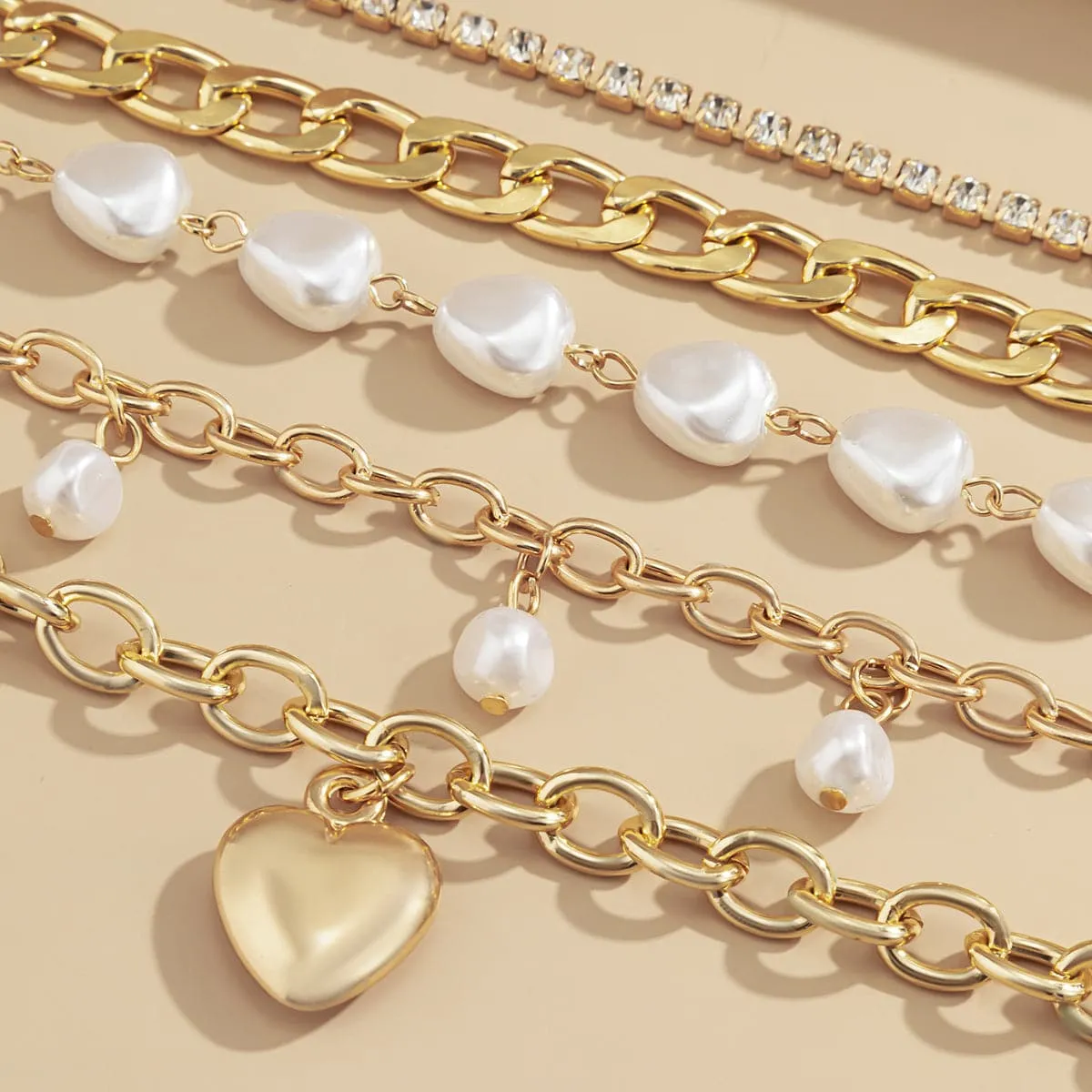 Pearl & Cubic Zirconia 18K Gold-Plated Heart Bracelet Set