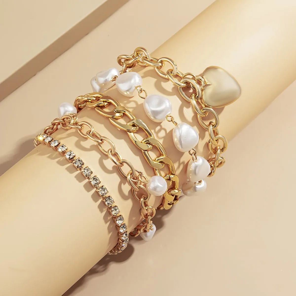 Pearl & Cubic Zirconia 18K Gold-Plated Heart Bracelet Set