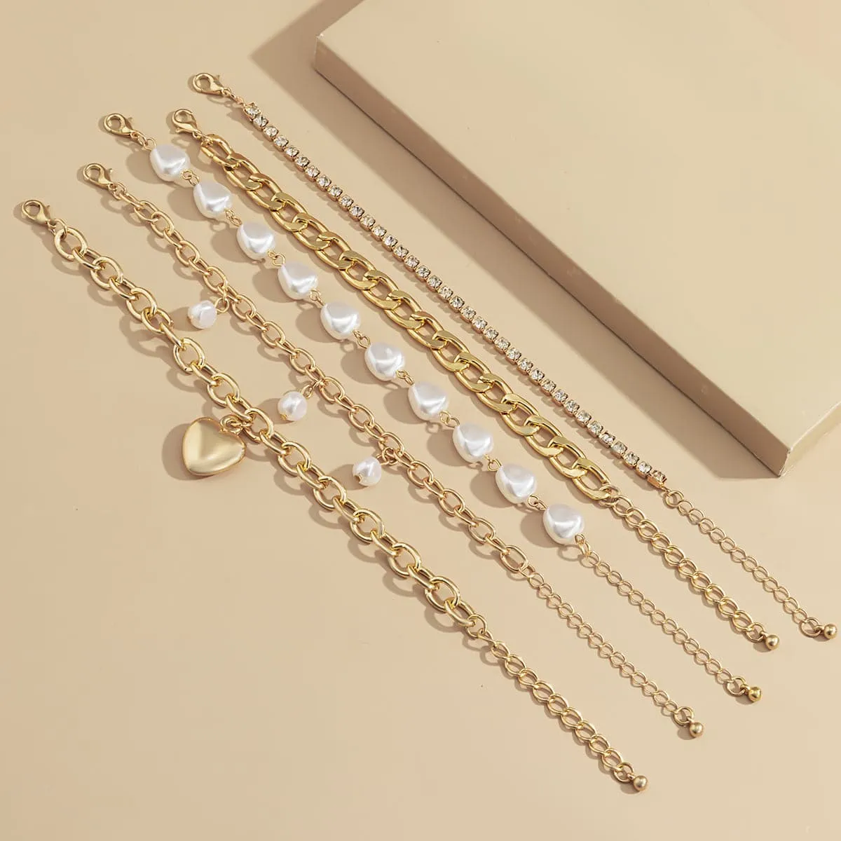 Pearl & Cubic Zirconia 18K Gold-Plated Heart Bracelet Set