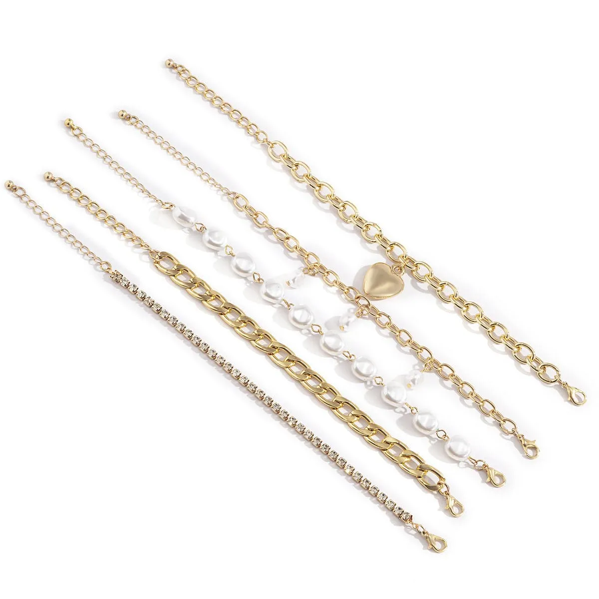 Pearl & Cubic Zirconia 18K Gold-Plated Heart Bracelet Set