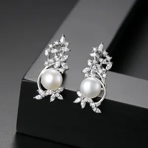 Pearl & Cubic Zirconia Flower Cluster Stud Earrings