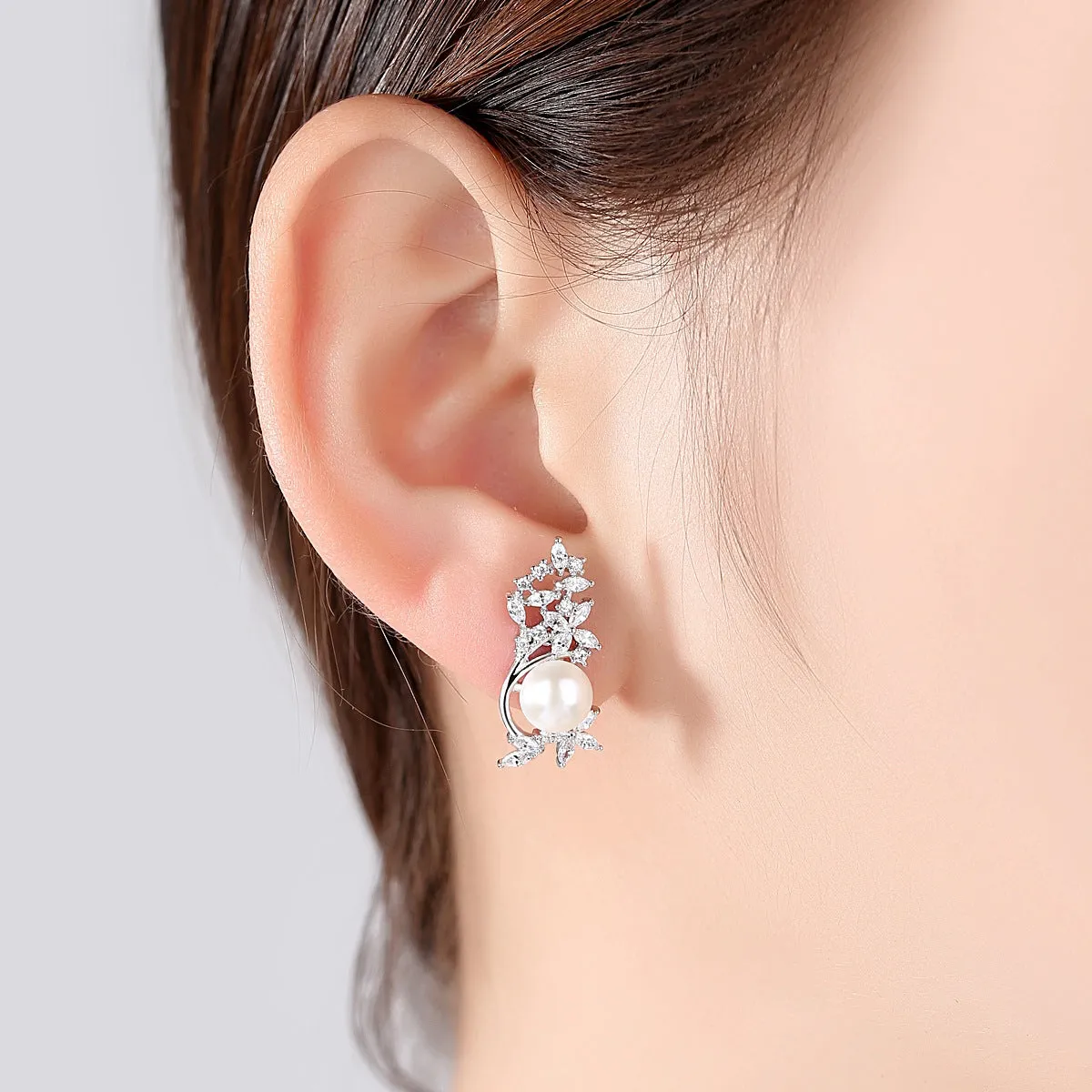 Pearl & Cubic Zirconia Flower Cluster Stud Earrings