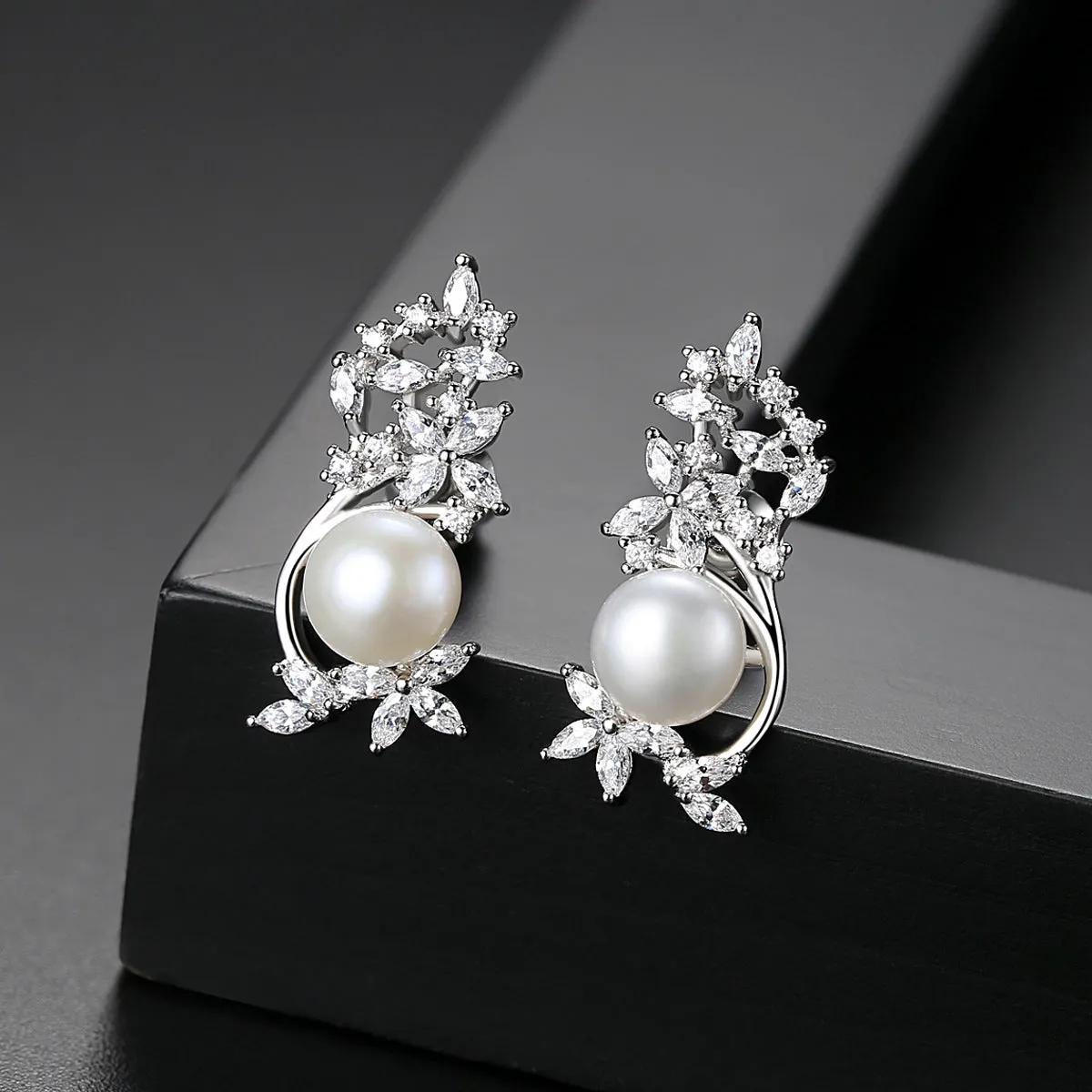 Pearl & Cubic Zirconia Flower Cluster Stud Earrings