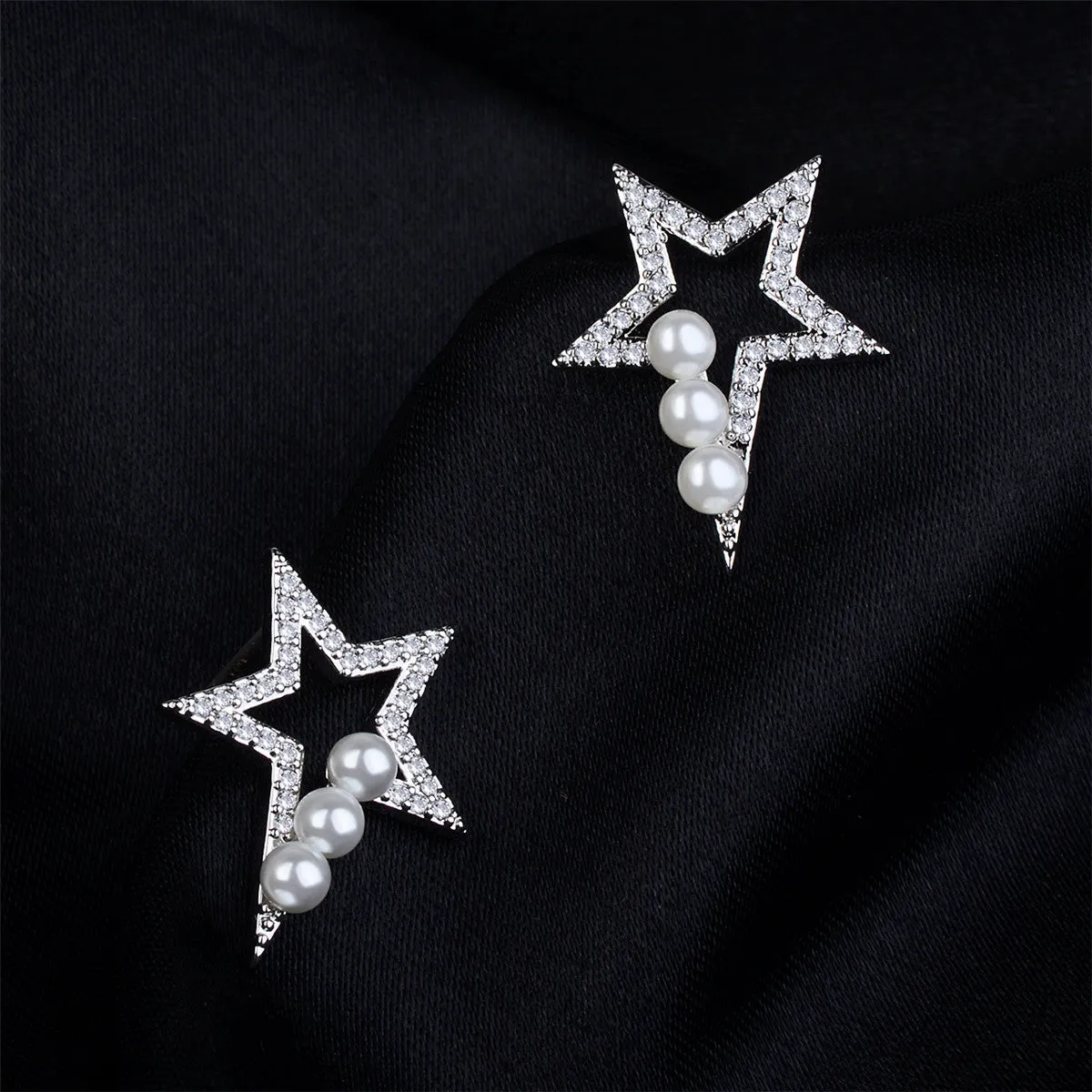 Pearl & Cubic Zirconia Star Stud Earrings