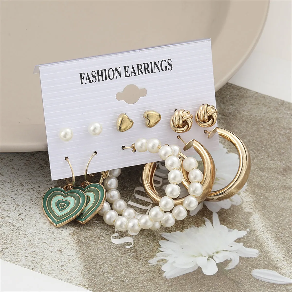 Pearl & Enamel 18K Gold-Plated Heart Drop Earring Set