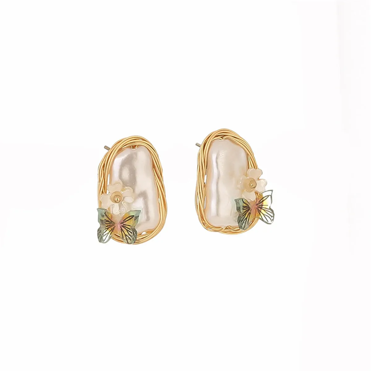 Pearl & Green Butterfly Stud Earrings
