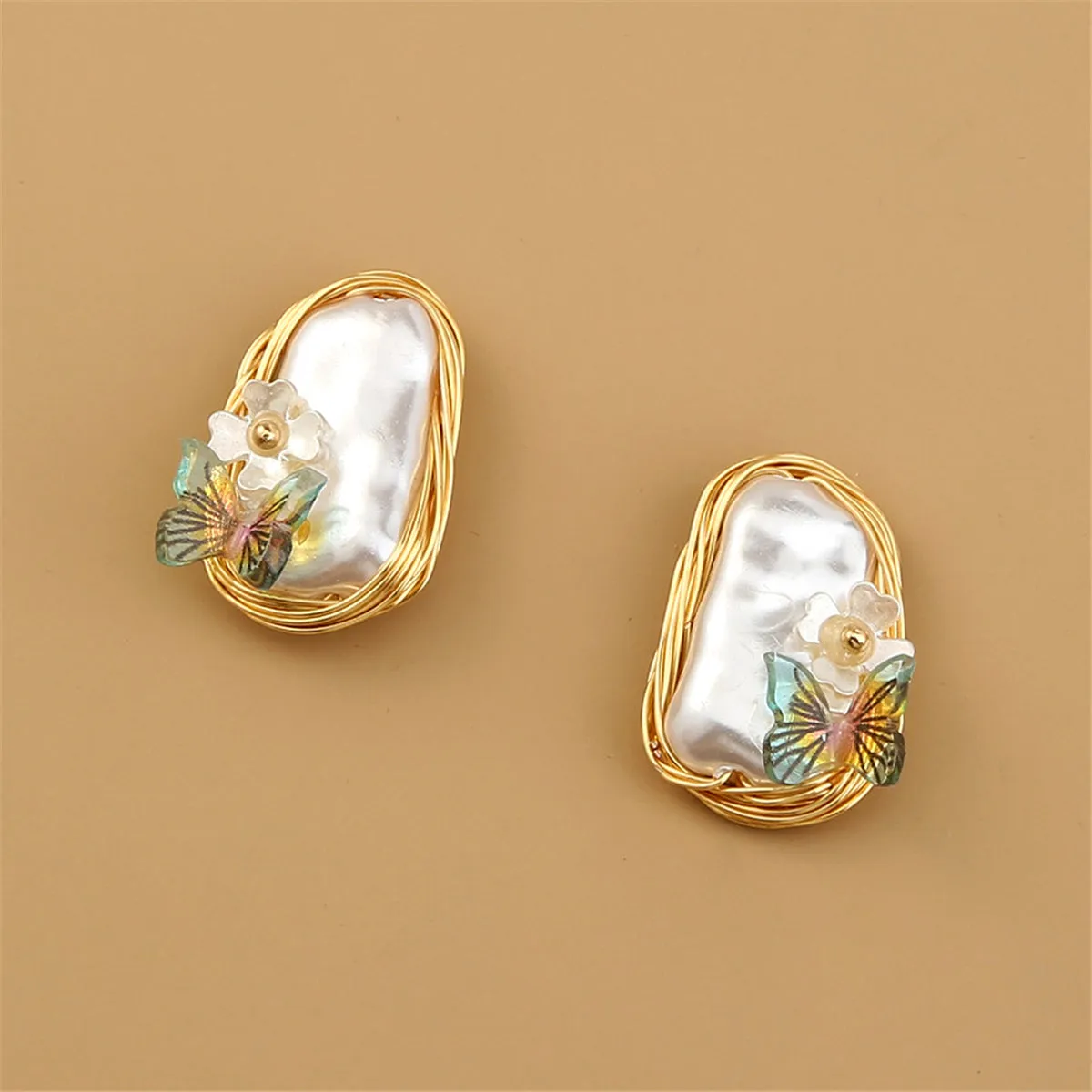 Pearl & Green Butterfly Stud Earrings