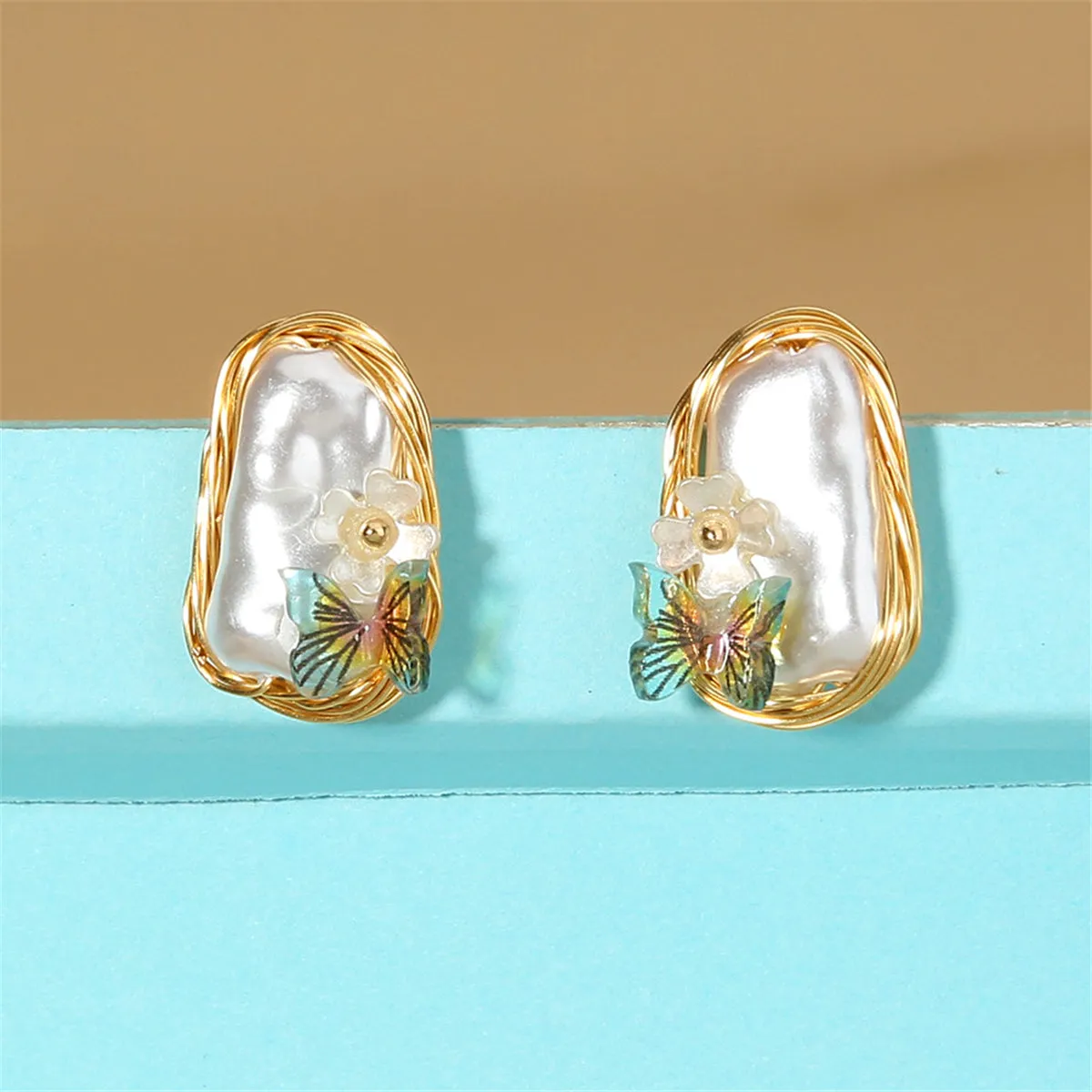 Pearl & Green Butterfly Stud Earrings