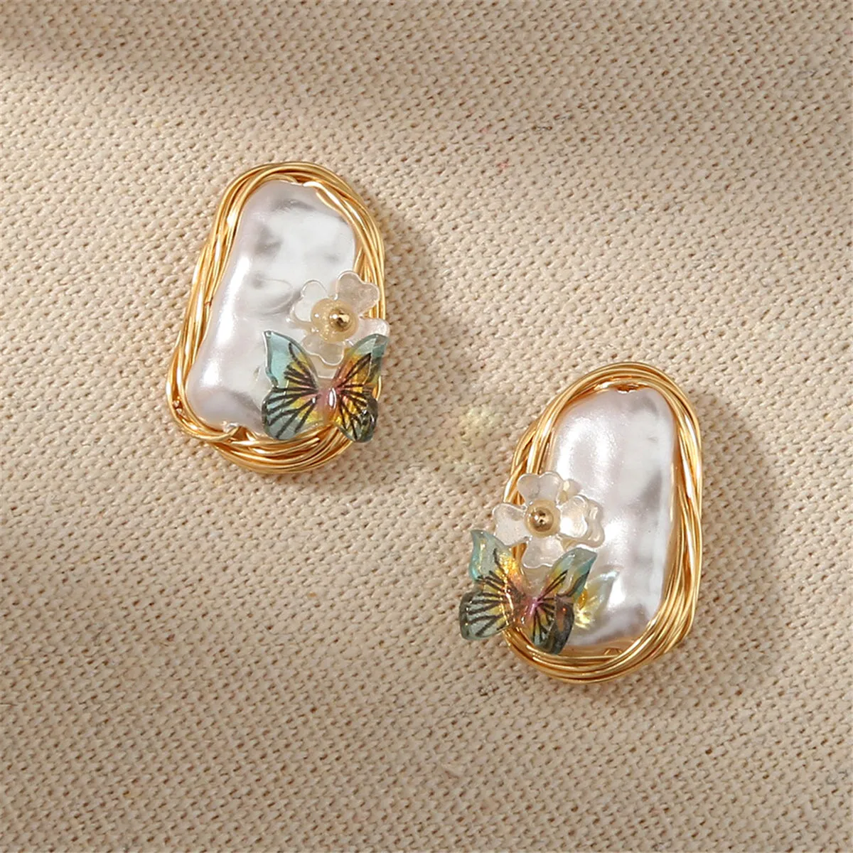 Pearl & Green Butterfly Stud Earrings