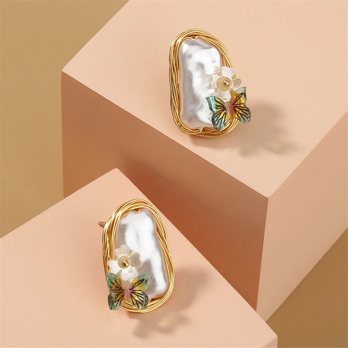 Pearl & Green Butterfly Stud Earrings