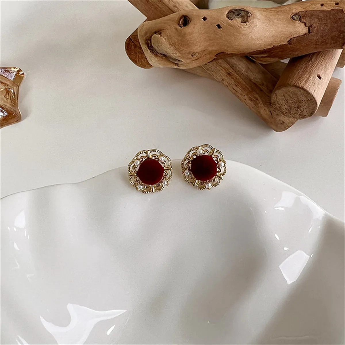 Pearl & Red Flocking 18K Gold-Plated Floral Stud Earrings