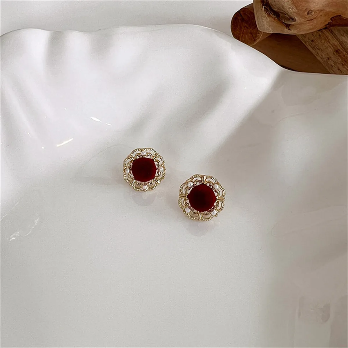 Pearl & Red Flocking 18K Gold-Plated Floral Stud Earrings