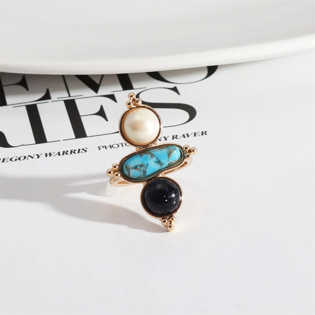 Pearl & Turquoise 18K Gold-Plated Geometric Ring