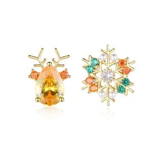 Pearl & Yellow Crystal Mismatch Antler Snowflake Stud Earrings