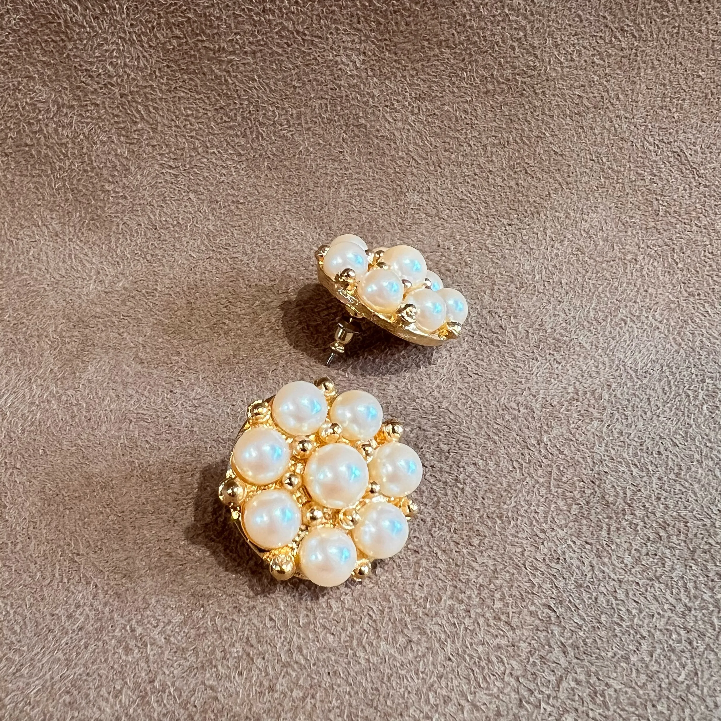 Pearl and Gold Vintage Statement Round Pierced Earrings