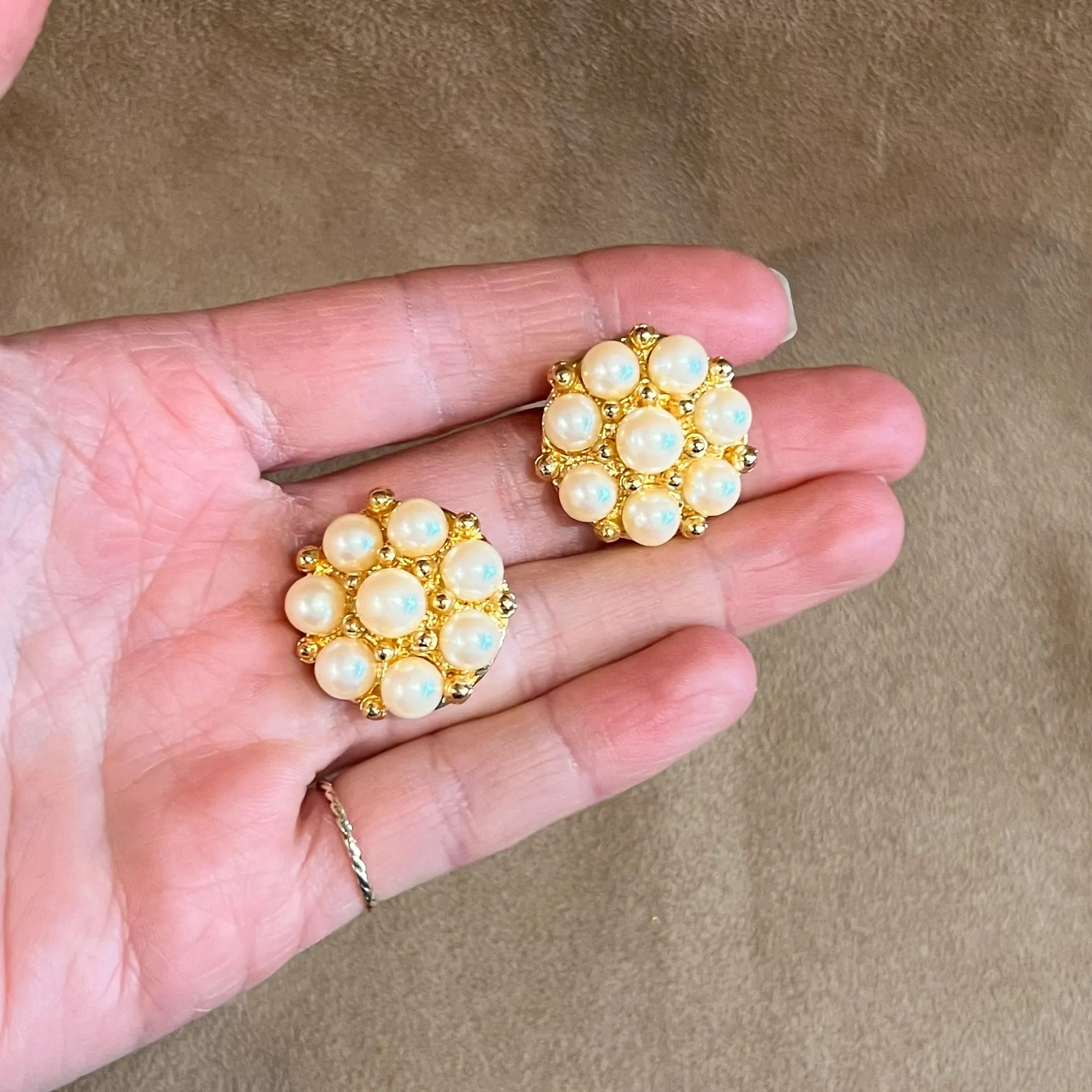 Pearl and Gold Vintage Statement Round Pierced Earrings