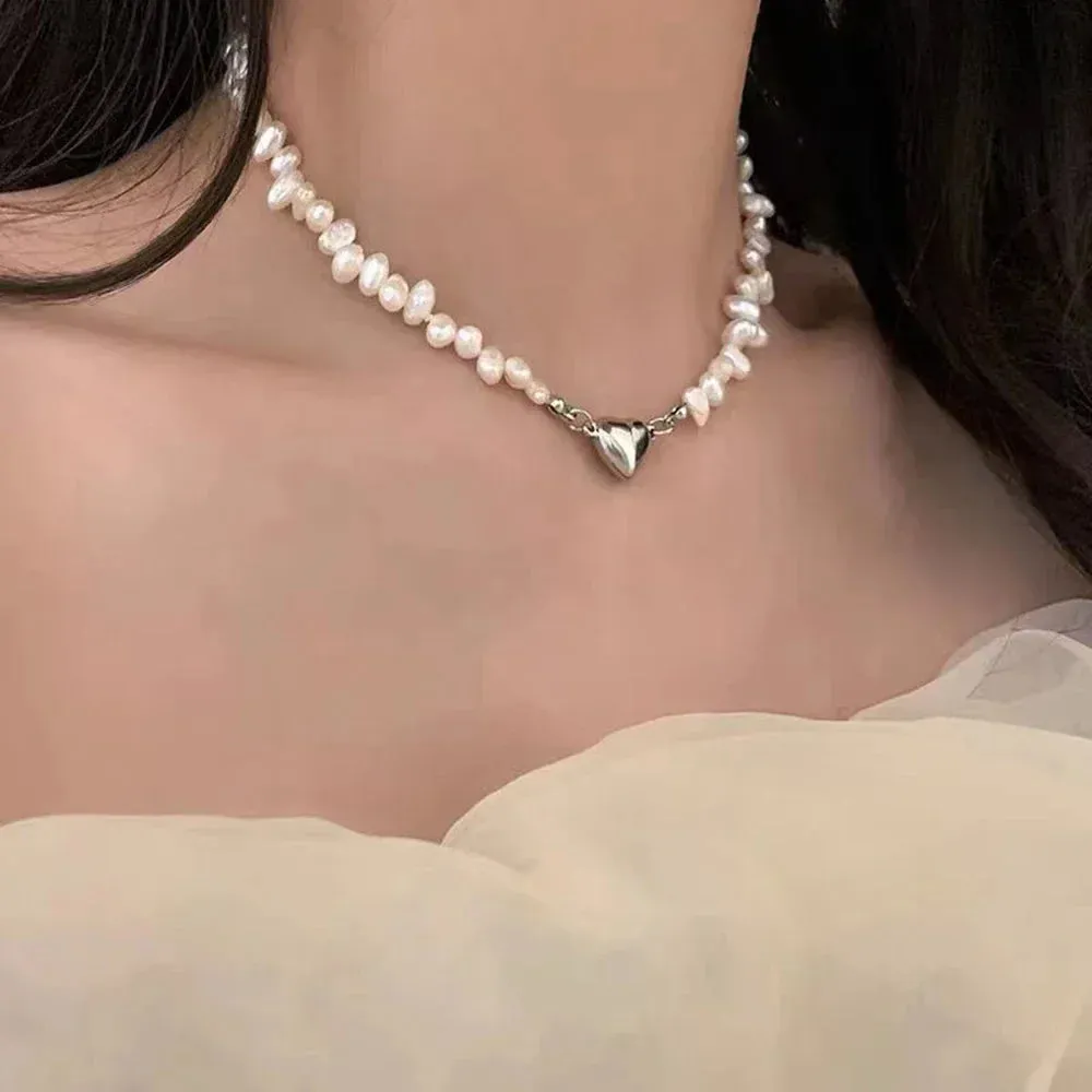 Pearl Chain Choker Necklace Magnetic Heart Pendant Women Girls Jewelry Bridal Engagement Gifts