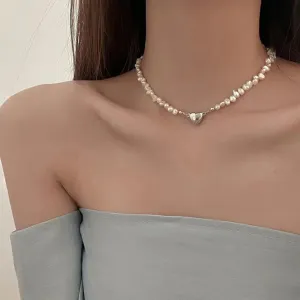 Pearl Chain Choker Necklace Magnetic Heart Pendant Women Girls Jewelry Bridal Engagement Gifts