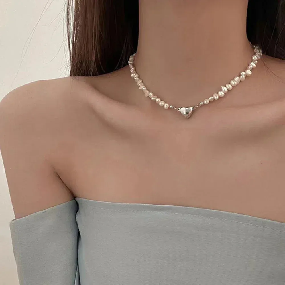 Pearl Chain Choker Necklace Magnetic Heart Pendant Women Girls Jewelry Bridal Engagement Gifts