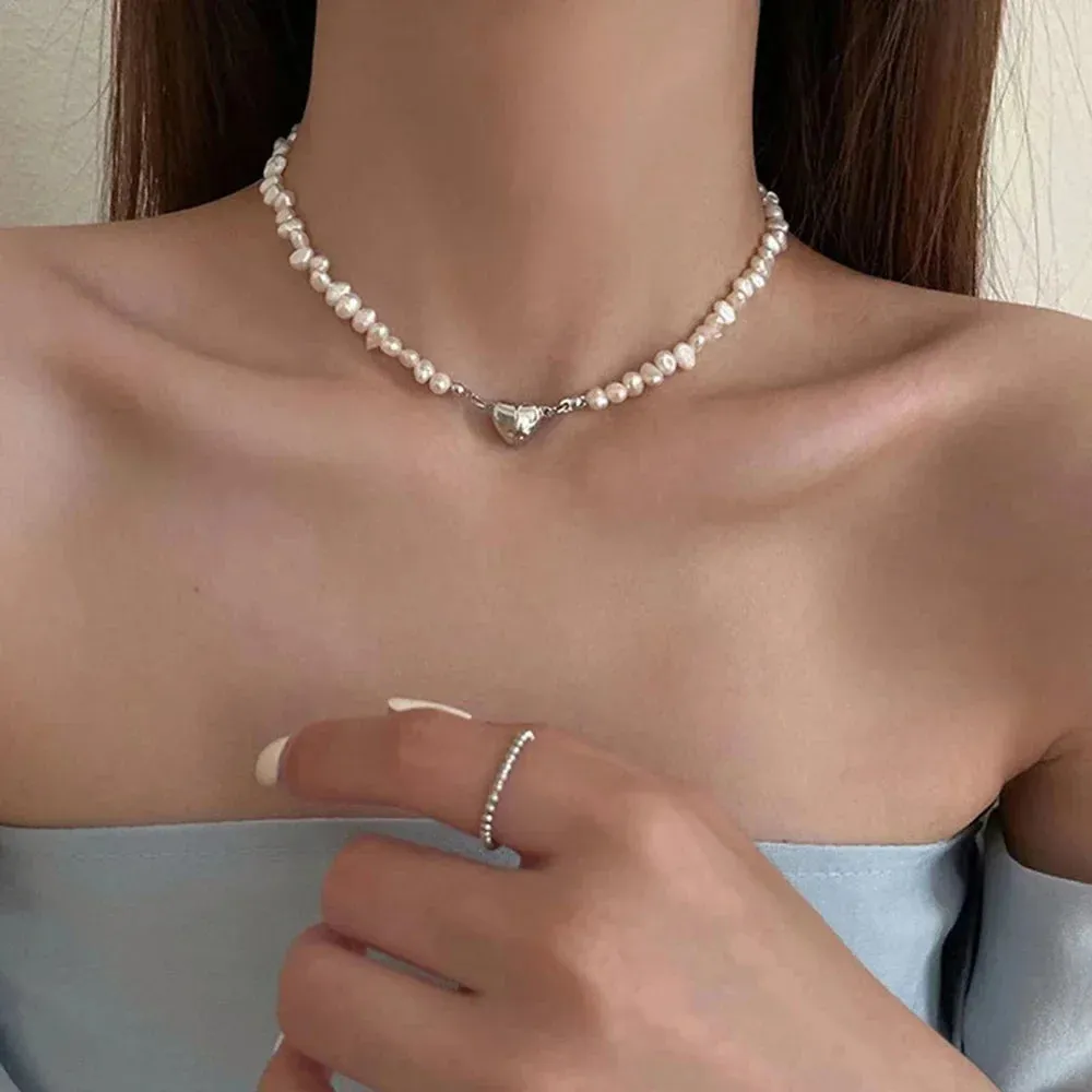Pearl Chain Choker Necklace Magnetic Heart Pendant Women Girls Jewelry Bridal Engagement Gifts