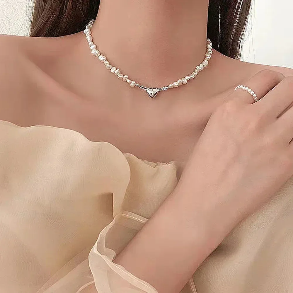 Pearl Chain Choker Necklace Magnetic Heart Pendant Women Girls Jewelry Bridal Engagement Gifts