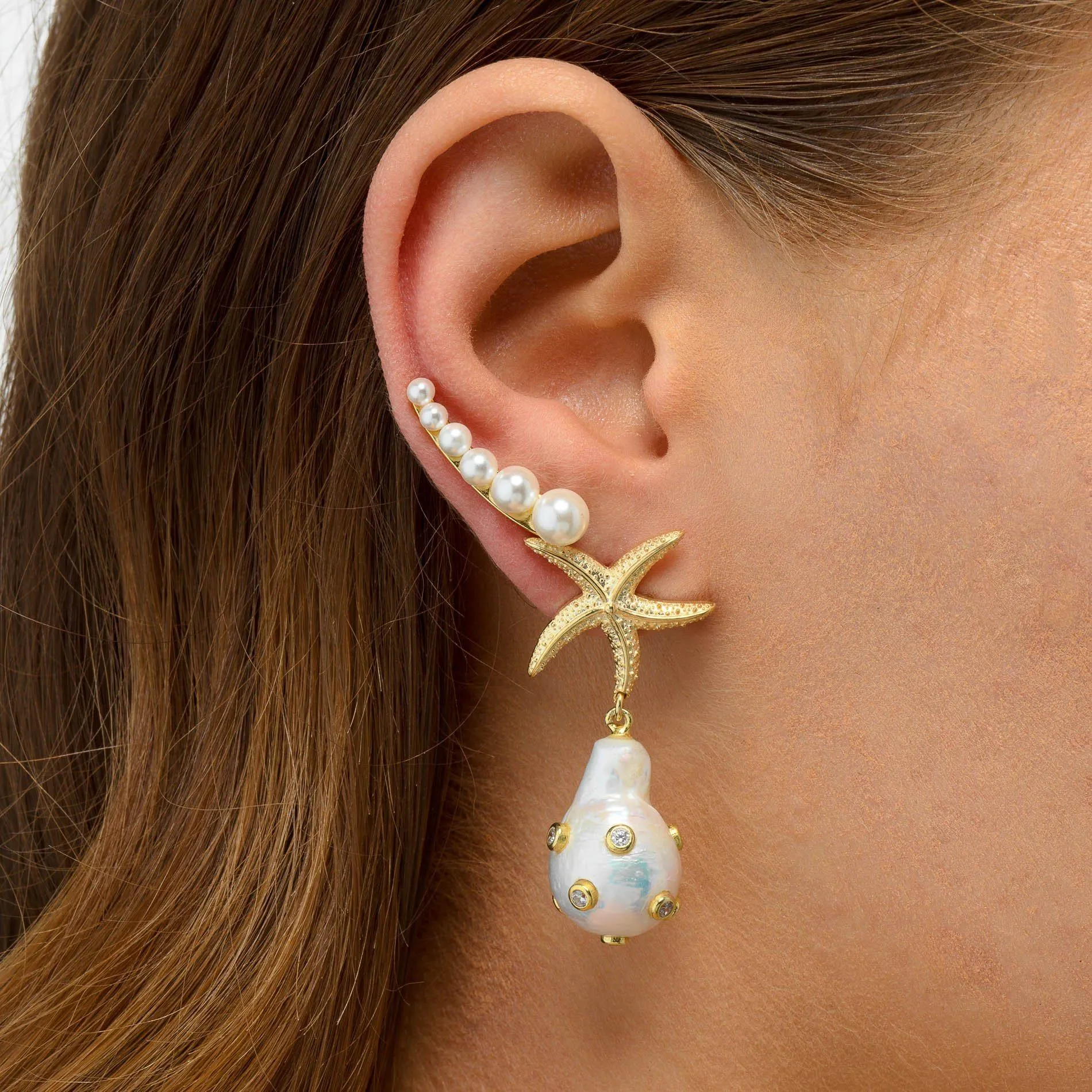 Pearl Starfish Drop Stud Earring