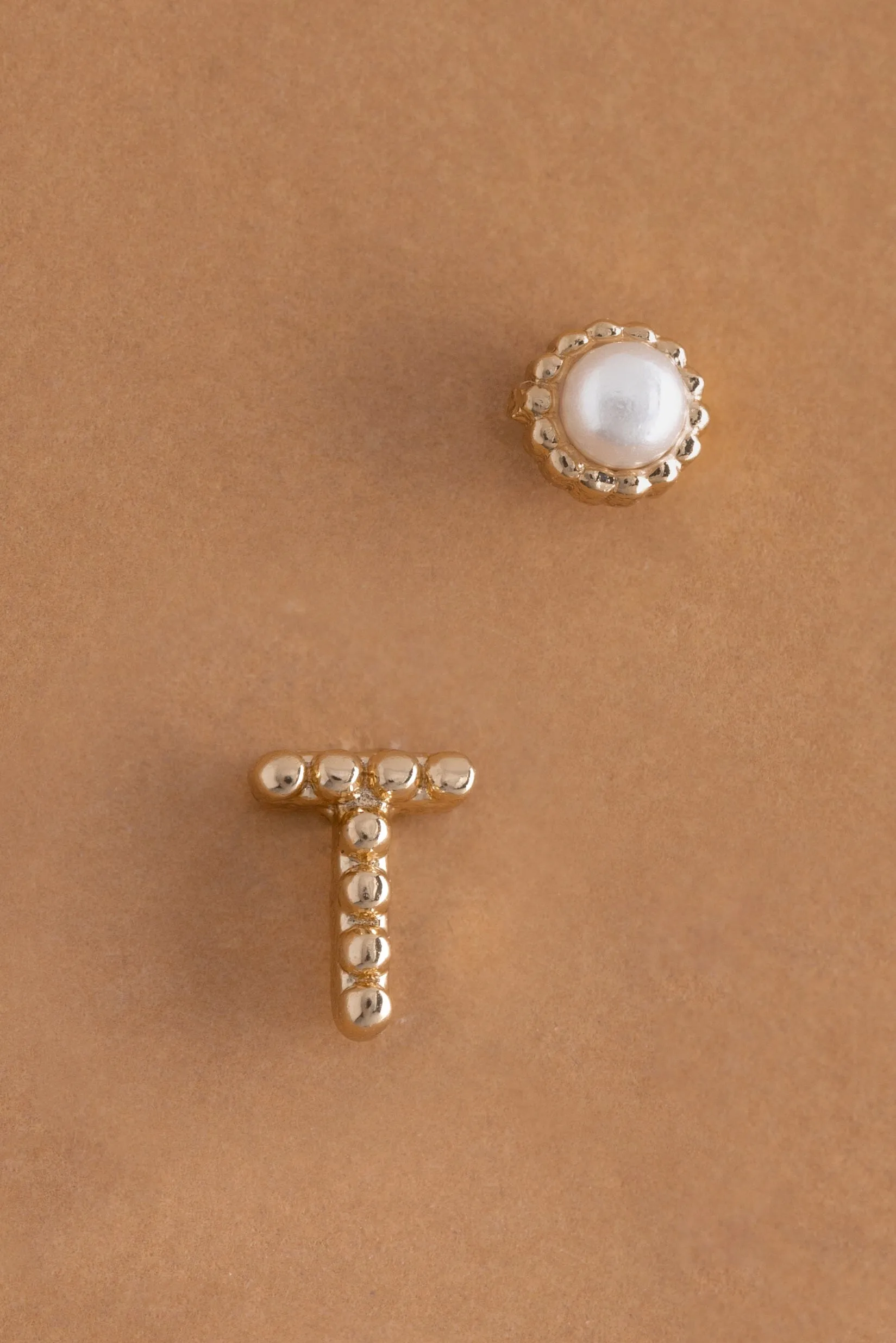 Pearl T Ball Stud Earrings
