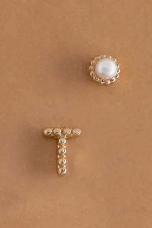 Pearl T Ball Stud Earrings