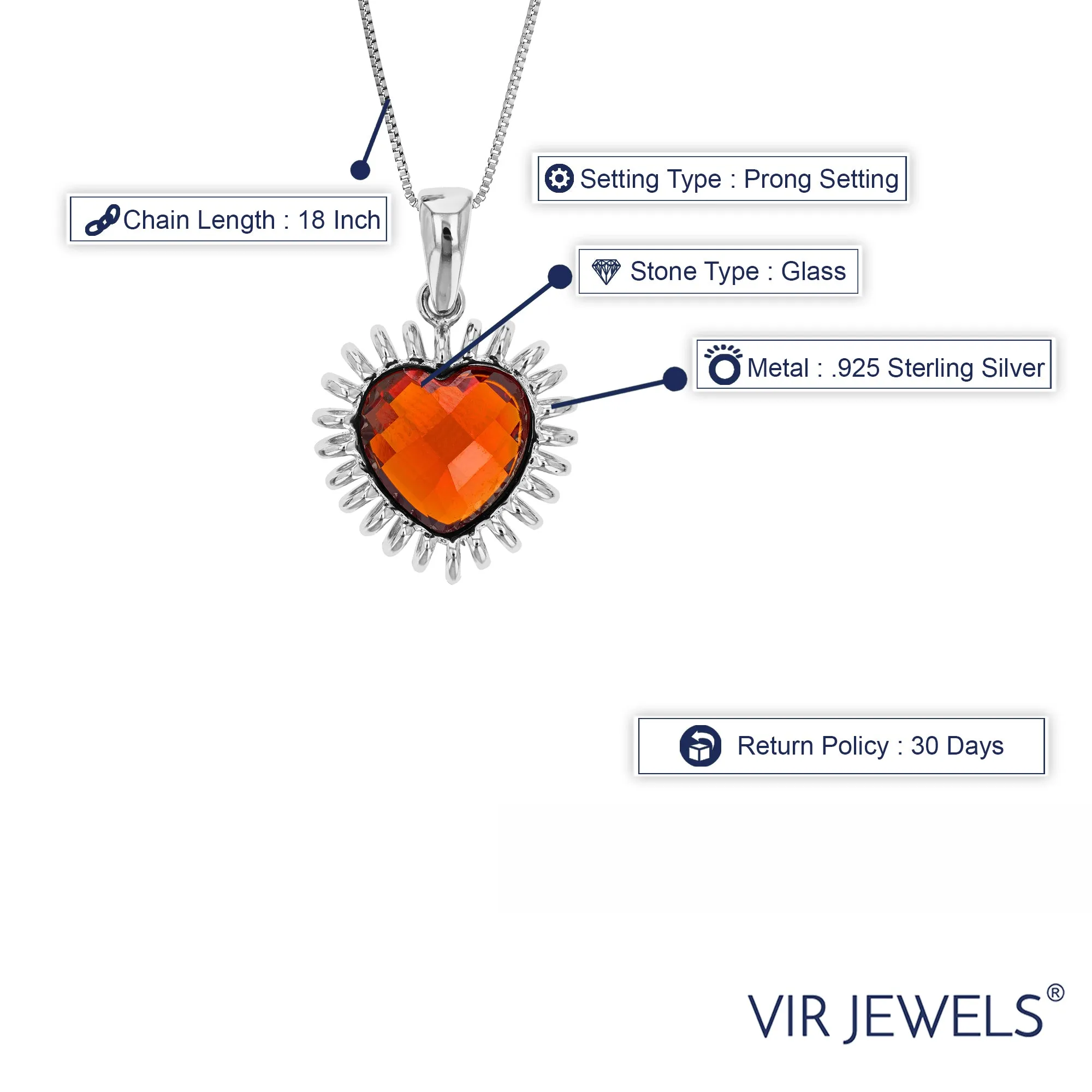 Pendant Necklace, Red Glass Heart Pendant Necklace for Women in .925 Sterling Silver with 18 Inch Chain