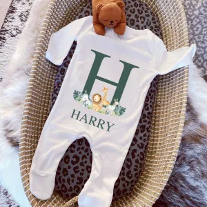 Personalised Baby Grow, Baby Vest Sleepsuit, New Baby Reveal, Pregnancy Announcement Outfit, Safari Animal Gift, Personalised Baby Gift Name