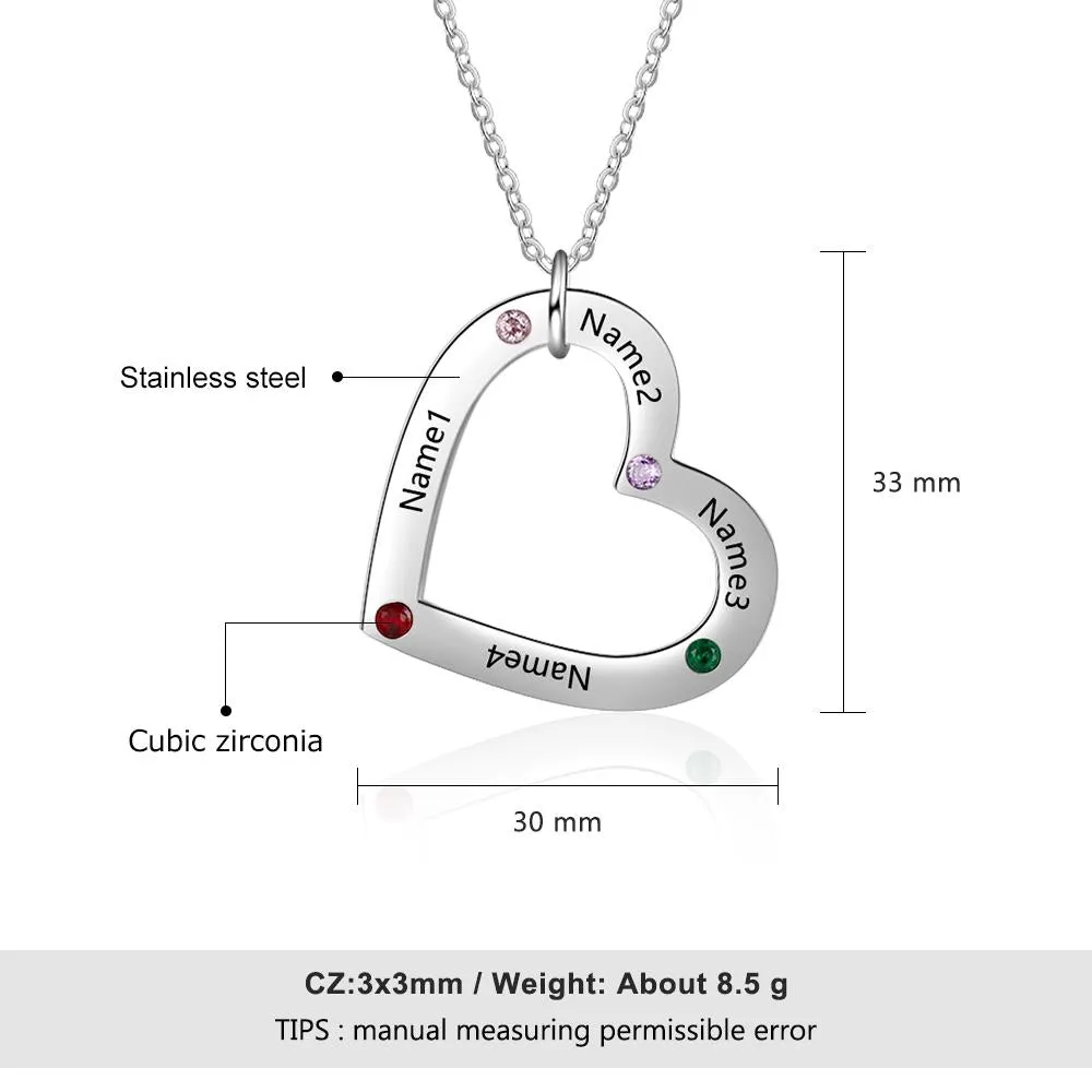 Personalized Stainless Steel Heart Pendant Necklace, Custom Engrave 4 Names & Birthstone Pendant, Gift for Family
