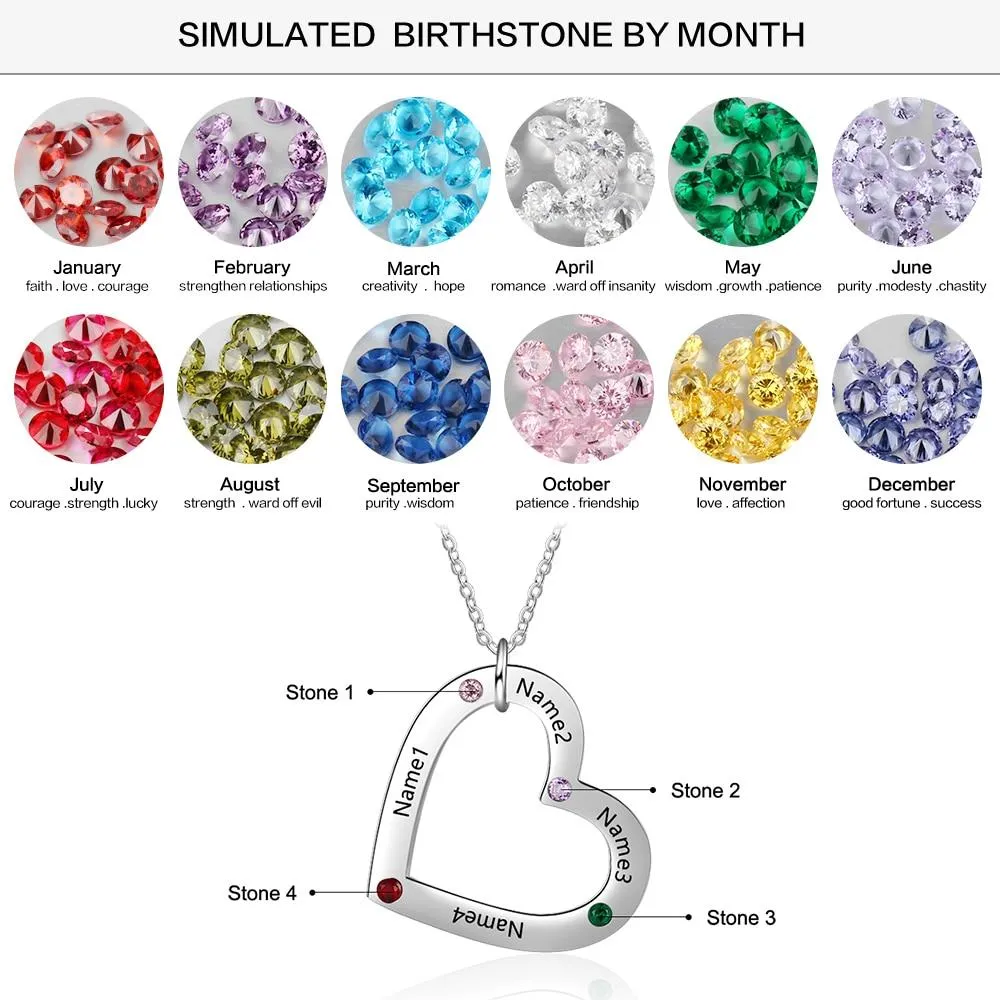 Personalized Stainless Steel Heart Pendant Necklace, Custom Engrave 4 Names & Birthstone Pendant, Gift for Family
