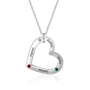 Personalized Stainless Steel Heart Pendant Necklace, Custom Engrave 4 Names & Birthstone Pendant, Gift for Family