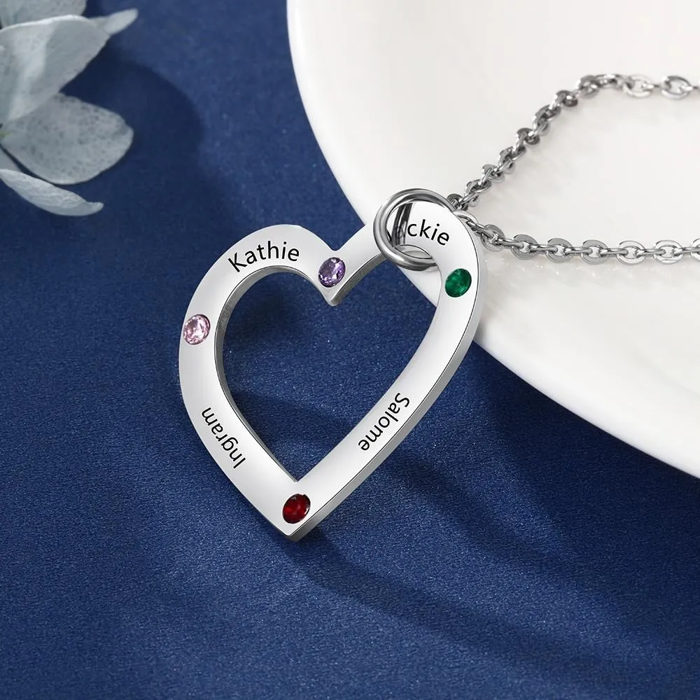 Personalized Stainless Steel Heart Pendant Necklace, Custom Engrave 4 Names & Birthstone Pendant, Gift for Family