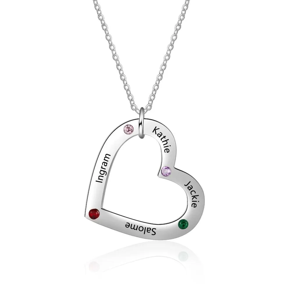 Personalized Stainless Steel Heart Pendant Necklace, Custom Engrave 4 Names & Birthstone Pendant, Gift for Family